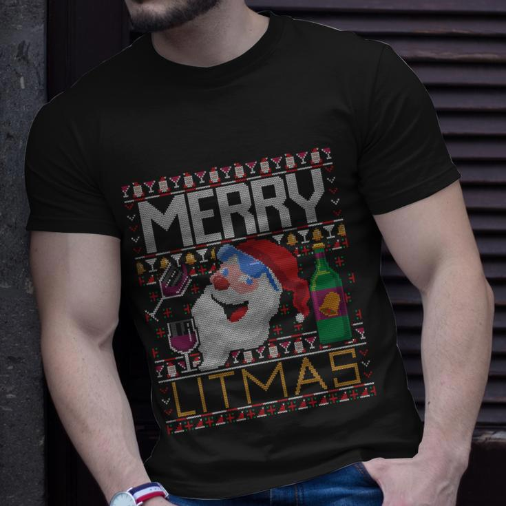 Merry Litmas Lit Santa Claus Wine Ugly Christmas Sweater Cute Gift Unisex T-Shirt Gifts for Him