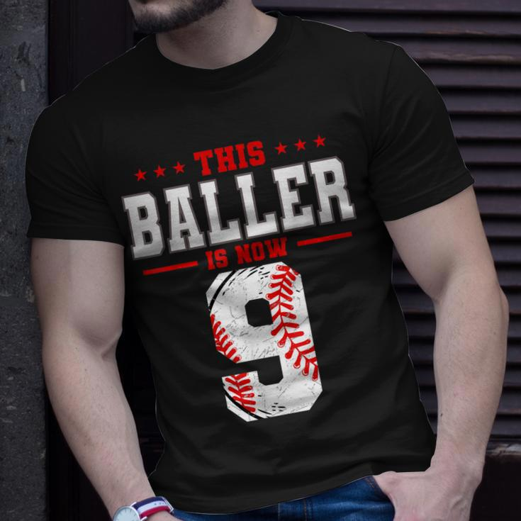 This Baller Is Now 9 Birthday Baseball Theme Bday Party Unisex T-Shirt Gifts for Him