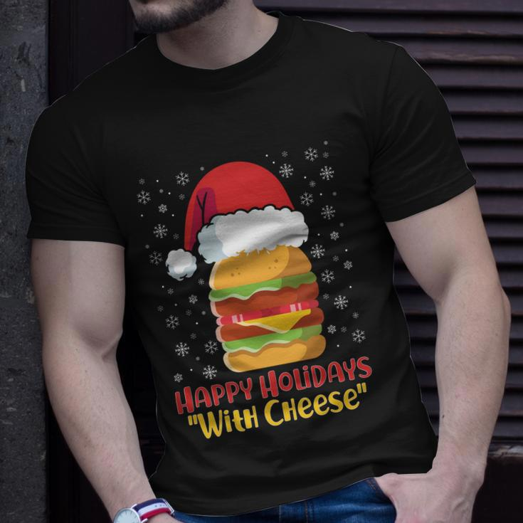 Ugly Christmas Sweater Burger Happy Holidays With Cheese V10 Unisex T-Shirt Gifts for Him