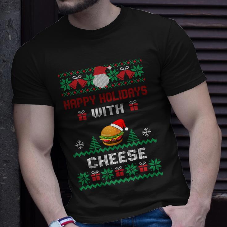 Ugly Christmas Sweater Burger Happy Holidays With Cheese V3 Unisex T-Shirt Gifts for Him