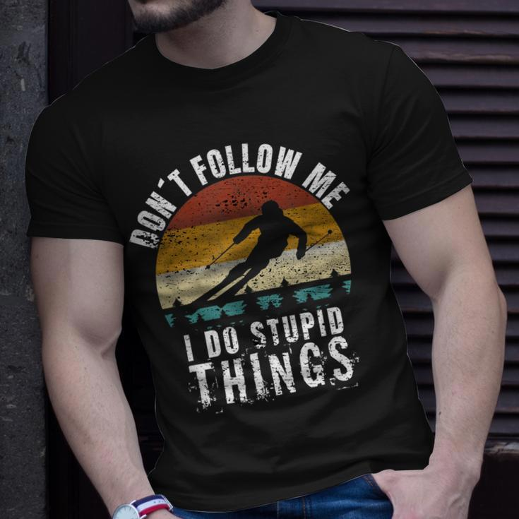 Vintage Dont Follow Me I Do Stupid Things Cool Skiing T-Shirt Gifts for Him