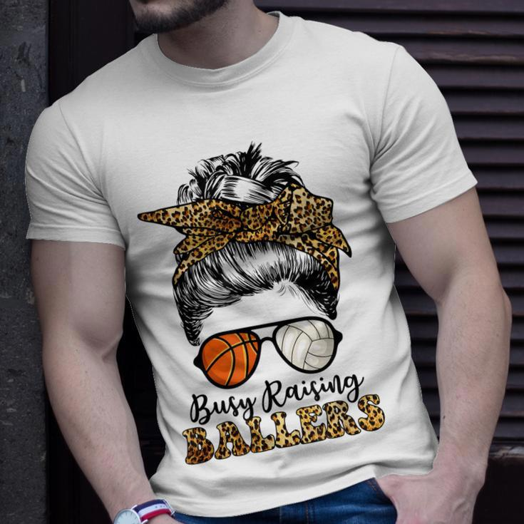Busy Raising Ballers Basketball And Volleyball Mom Messy Bun Unisex T-Shirt Gifts for Him