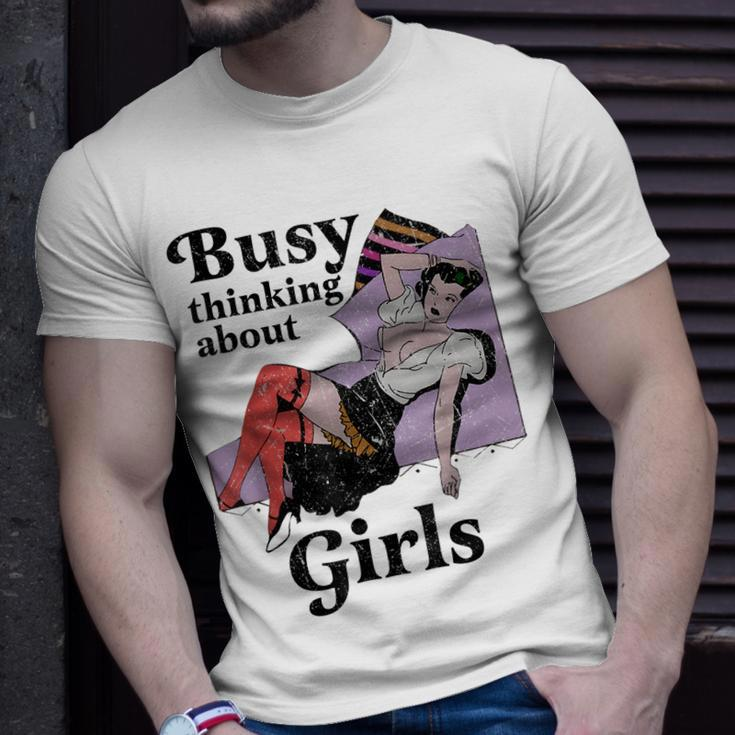 Busy Thinking About Girls Retro Vinatge Lesbian Pride Femme Unisex T-Shirt Gifts for Him