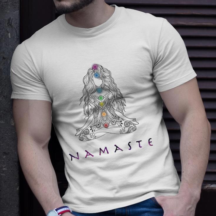 Chakra Meditation Herren T-Shirt mit Namaste-Schriftzug, Spirituelles Design Geschenke für Ihn