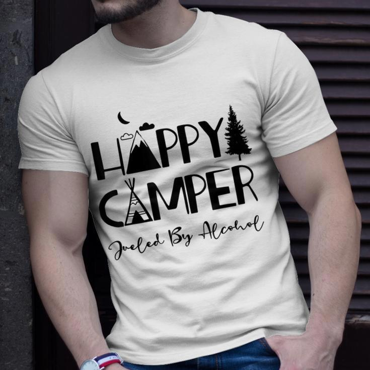 Happy Camper Fueled By Alcohol Funny Drinking Party Camping Unisex T-Shirt Gifts for Him