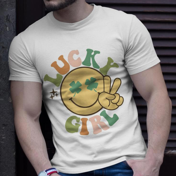 Lucky St Patricks Day Retro Smiling Face Shamrock Hippie Unisex T-Shirt Gifts for Him
