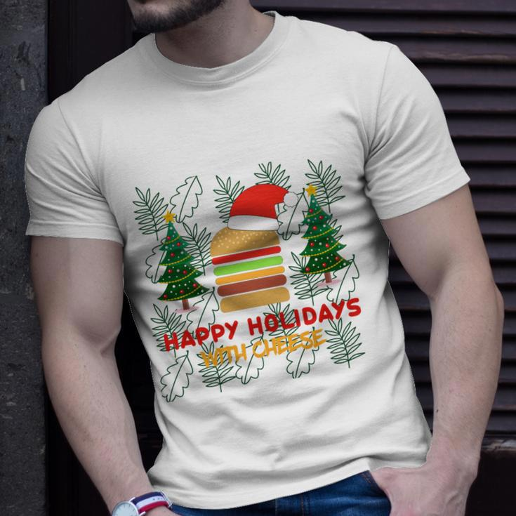 Ugly Christmas Sweater Burger Happy Holidays With Cheese V17 Unisex T-Shirt Gifts for Him