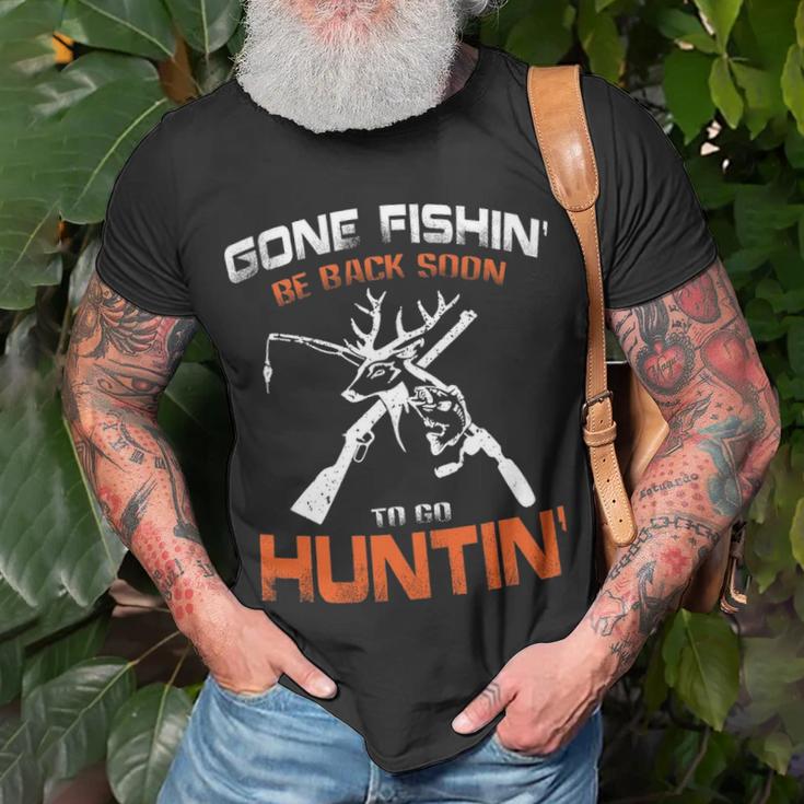 Vintage Gone Fishin Be Back Soon To Go Huntin Unisex T-Shirt