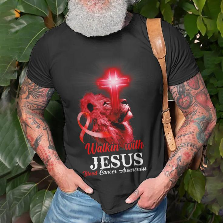 Christian Lion Cross Religious Saying Blood Cancer Awareness V2 T-Shirt Gifts for Old Men