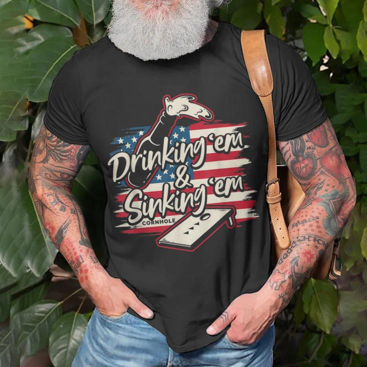 Cornhole For Men Drinking Em Sinking Em 4Th Of July Unisex T-Shirt Gifts for Old Men