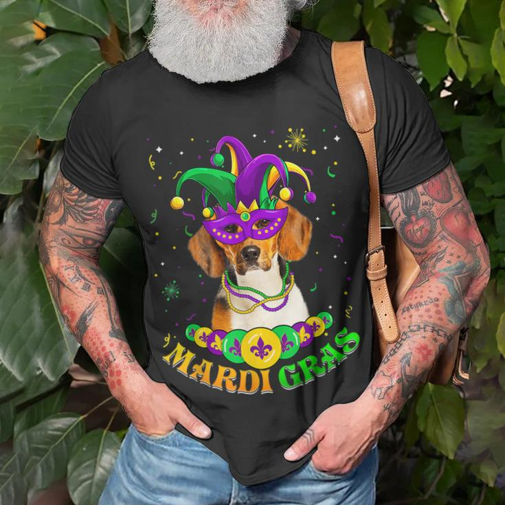 Cute Mardi Gras Beagle Dog Dad Dog Mom Mask Beads Unisex T-Shirt Gifts for Old Men