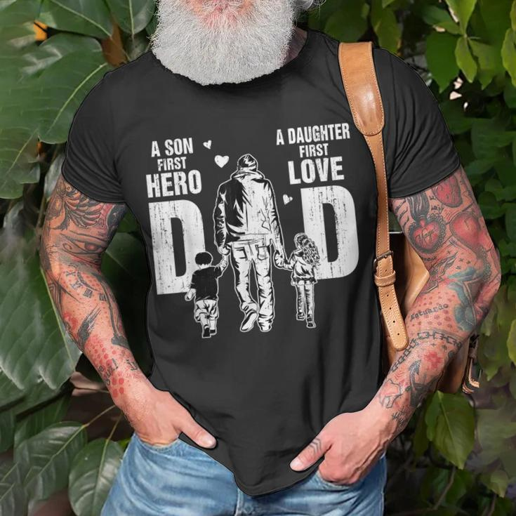 Dad A Sons First Hero A Daughters First Love Fathers Day Unisex T-Shirt Gifts for Old Men
