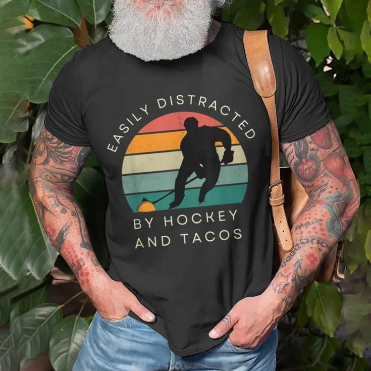 Easily Distracted By Hockey And Tacos Funny Hockey Players Unisex T-Shirt Gifts for Old Men