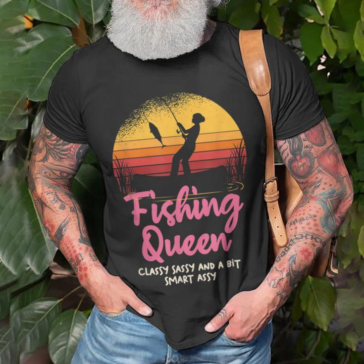 Fishing Queen Damen T-Shirt mit Angler-Sonnenuntergang und Spruch Geschenke für alte Männer