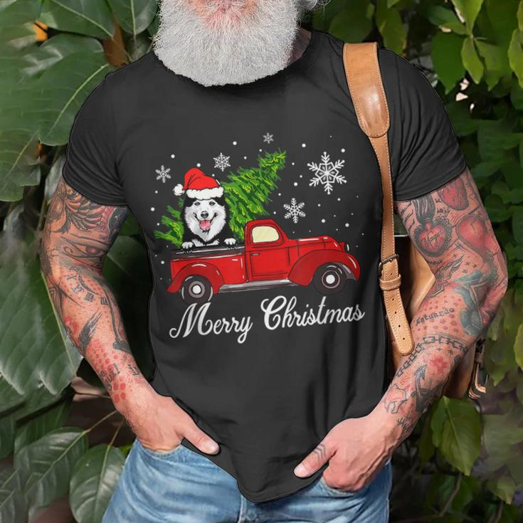 Husky Dog Riding Red Truck Christmas Decorations Pajama T-shirt Gifts for Old Men