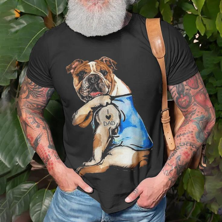 I Love Dad Tattoo English Bulldog Dog Dad Tattooed Gift Unisex T-Shirt Gifts for Old Men