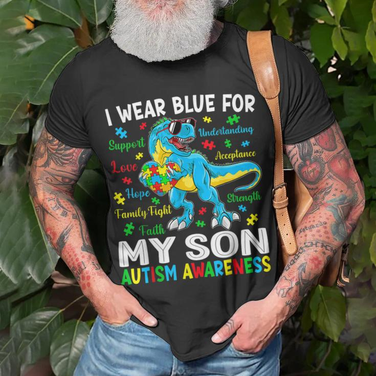 I Wear Blue For My Son Autism Awareness Dinosaur For Dad Mom Unisex T-Shirt Gifts for Old Men