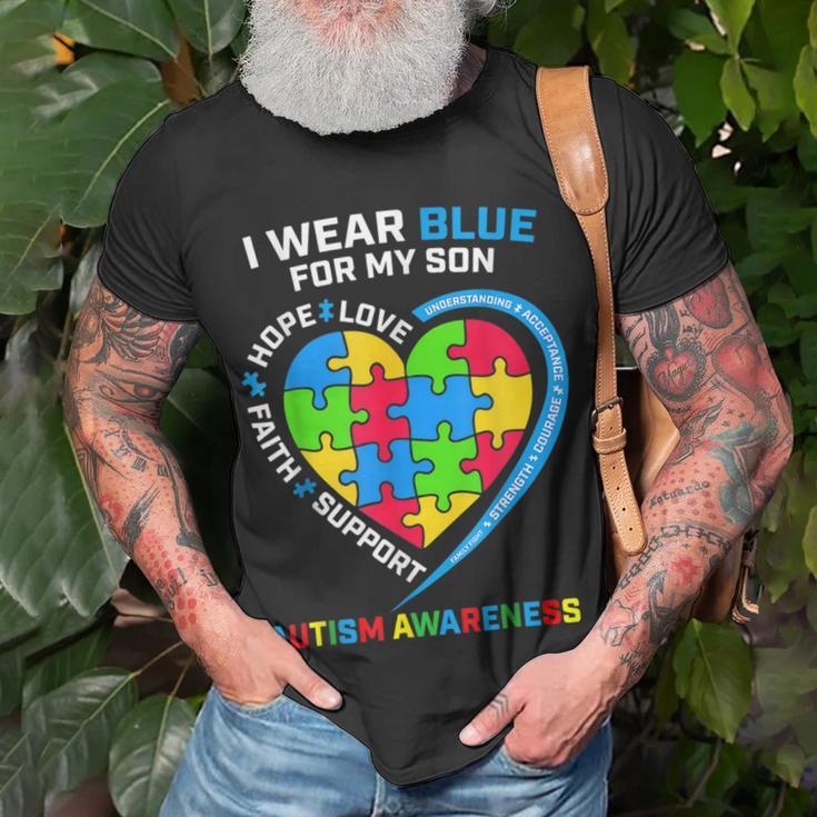 I Wear Blue For My Son Autism Awareness Mom Dad Heart Puzzle Unisex T-Shirt Gifts for Old Men