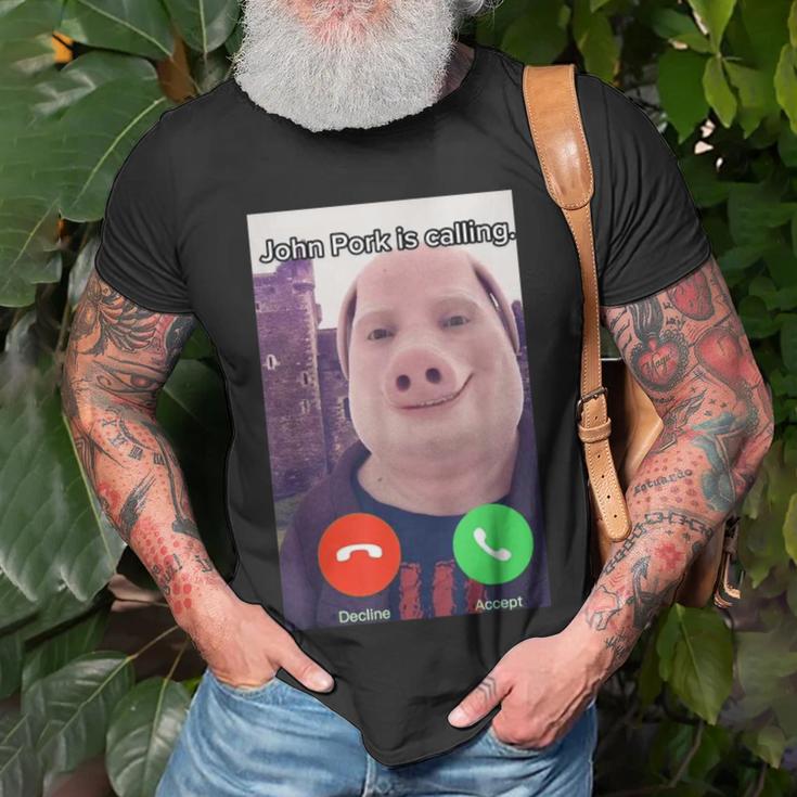 Mens John Pork Is Calling Meme Answer Call Phone Men's Back Print T-shirt | DE