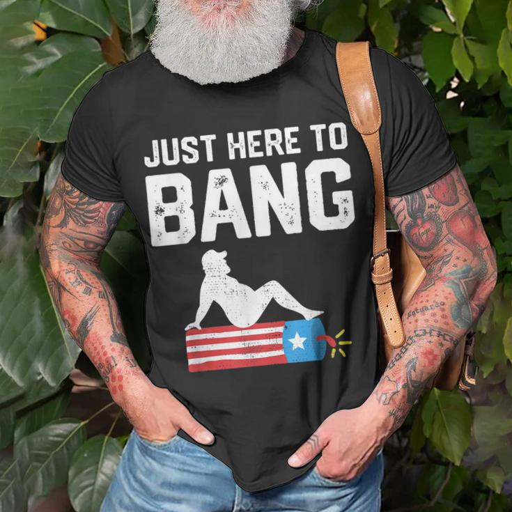 Just Here To Bang Funny Fireworks 4Th Of July Dad Bod Father Unisex T-Shirt Gifts for Old Men