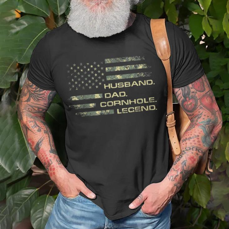 Mens Cornhole Husband Dad Cornhole Legend American Flag Unisex T-Shirt Gifts for Old Men