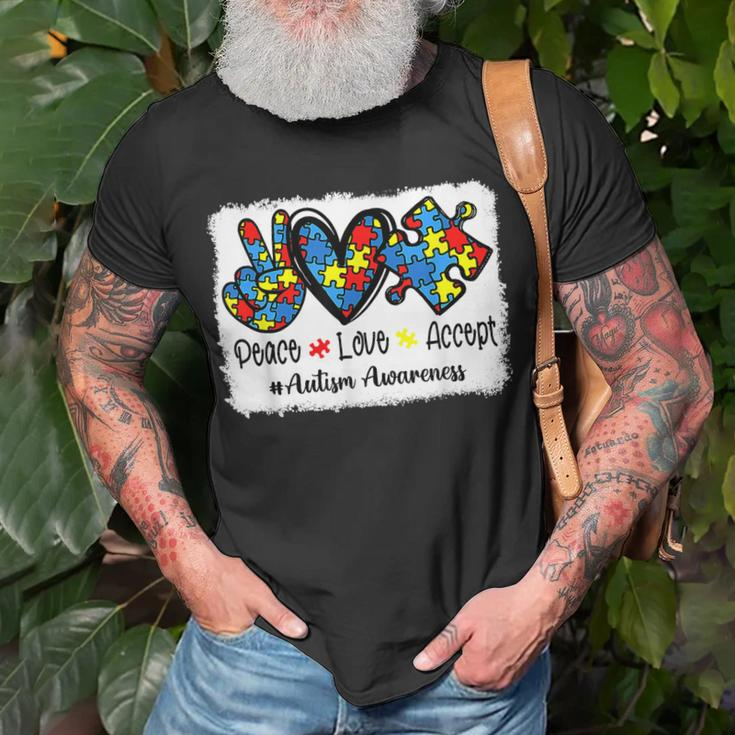 Peace Love Accept Autism Puzzle Pieces Autism Mom Dad Kids Unisex T-Shirt Gifts for Old Men