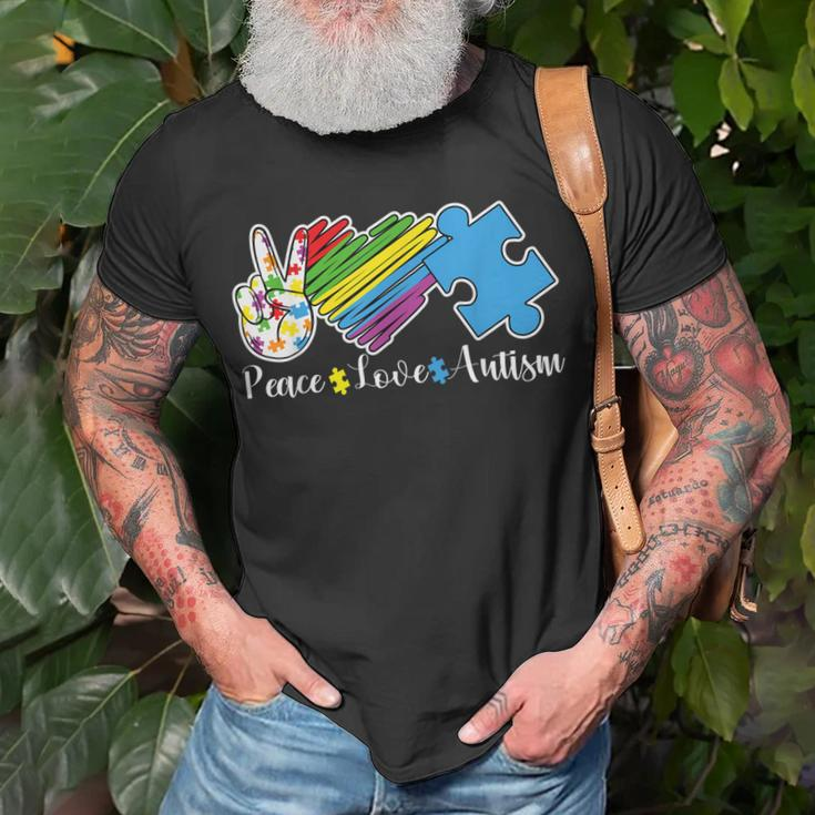 Peace Love Autism Puzzle In April We Wear Blue For Autism Unisex T-Shirt Gifts for Old Men