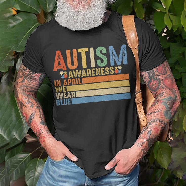 Retro In April We Wear Blue Puzzle Autism Awareness Month Unisex T-Shirt Gifts for Old Men