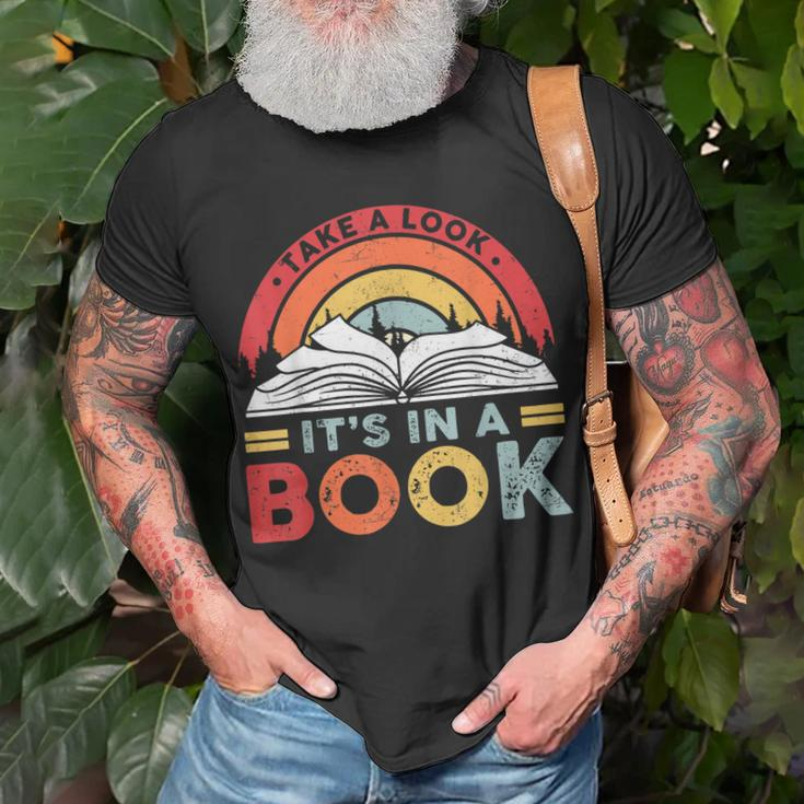 Take A Look Its In A Book Vintage Reading Bookworm Librarian Unisex T-Shirt Gifts for Old Men