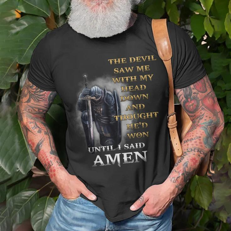The Devil Saw Me With My Head Down Until I Said Amen Retro Unisex T-Shirt Gifts for Old Men