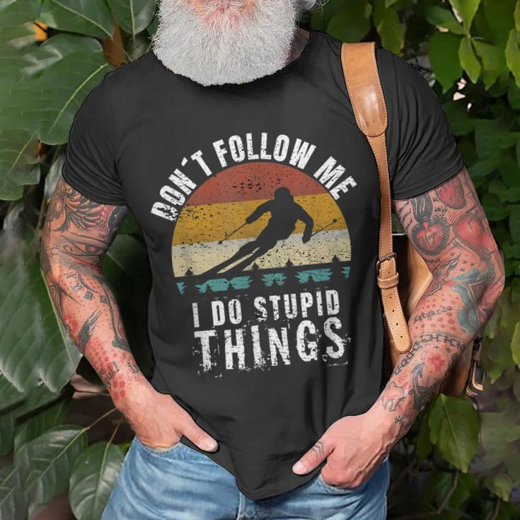 Vintage Dont Follow Me I Do Stupid Things Cool Skiing T-Shirt Gifts for Old Men