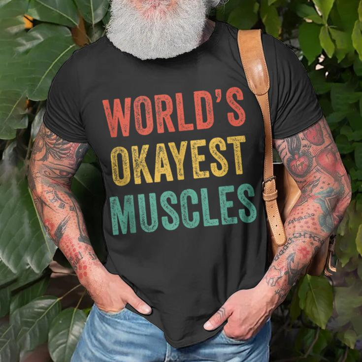 Worlds Okayest Muscles Gym Fathers Day Dad Vintage Retro T-Shirt Gifts for Old Men