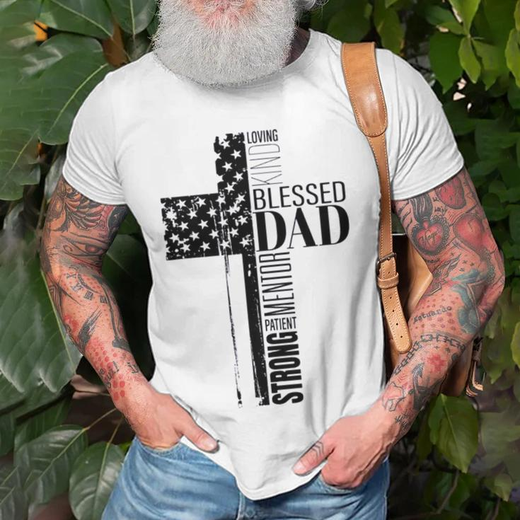 Cool Christian Blessed Dad Cross American Flag Fathers Day Unisex T-Shirt Gifts for Old Men