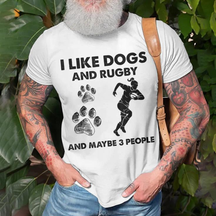 I Like Dogs And Rugby And Maybe 3 People Funny Dogs Lovers Unisex T-Shirt Gifts for Old Men