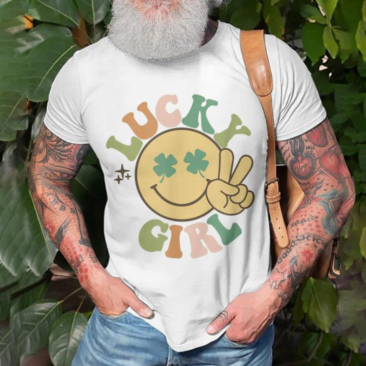 Lucky St Patricks Day Retro Smiling Face Shamrock Hippie Unisex T-Shirt Gifts for Old Men