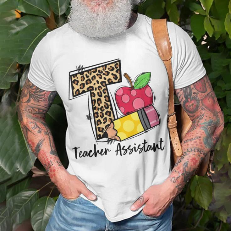 T Is For Teacher Assistant Leopard Apple Pencil Womens Unisex T-Shirt Gifts for Old Men