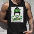 One Lucky Lunch Lady Bleached Messy Bun St Patricks Day Unisex Tank Top Gifts for Him