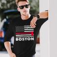 Boston Us Flag Pocket Firefighter Thin Red Line Fireman Long Sleeve T-Shirt Gifts for Him