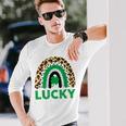 Lucky Shamrock Leopard Print Rainbow St Patricks Day Long Sleeve T-Shirt Gifts for Him