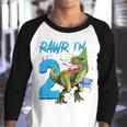 Kids Rawr Im 2Nd Birthday Boy Dinosaur T-Rex 2 Years Old Party Youth Raglan Shirt