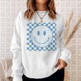 Funny Happy Face Checkered Pattern Smile Face Meme Sweatshirt Gifts for Her