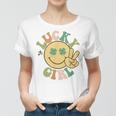 Lucky St Patricks Day Retro Smiling Face Shamrock Hippie Women T-shirt