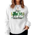 Green Leopard Shamrock One Lucky Teacher St Patricks Day Women Crewneck Graphic Sweatshirt