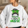 Lucky Nurse St Patricks Day Nurse Shamrock Messy Bun Mom Women Crewneck Graphic Sweatshirt Gifts for Her