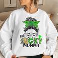 One Lucky Momma Messy Bun Mom Shamrock St Patricks Day Women Crewneck Graphic Sweatshirt Gifts for Her