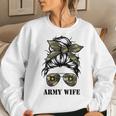 Proud Army Wife Messy Bun Hair Camouflage Bandana Sunglasses Women Crewneck Graphic Sweatshirt Gifts for Her