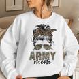 Proud Veteran Women Camo Leopard Messy Bun Proud Army Mom Women Crewneck Graphic Sweatshirt Gifts for Her