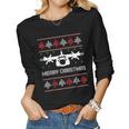 Military Airplane Ugly Christmas Sweater Army Veteran Xmas Women Graphic Long Sleeve T-shirt