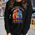 Because Of Him Heaven Knows My Name Jesus Lion Cross Faith Women Long Sleeve T-shirt Gifts for Her
