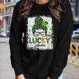 One Lucky Auntie Messy Bun Shamrock St Patricks Day Women Graphic Long Sleeve T-shirt Gifts for Her